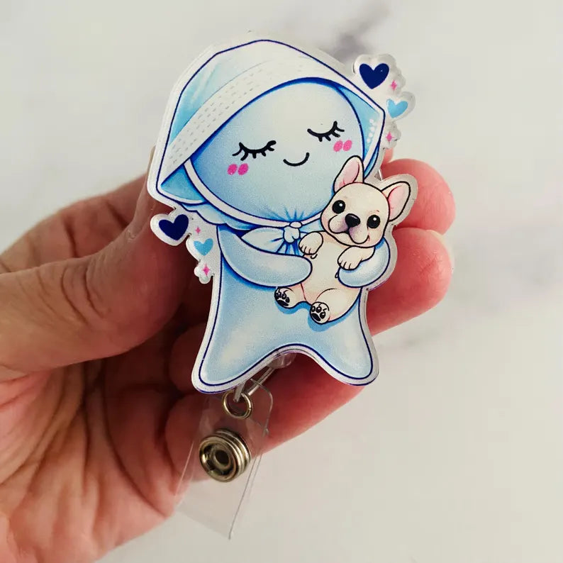 Glove Doll and Frenchie Puppy Badge Reel – Cute Healthcare Animal Lover ID Holder