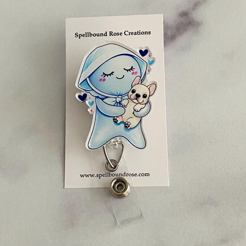 Glove Doll and Frenchie Puppy Badge Reel – Cute Healthcare Animal Lover ID Holder