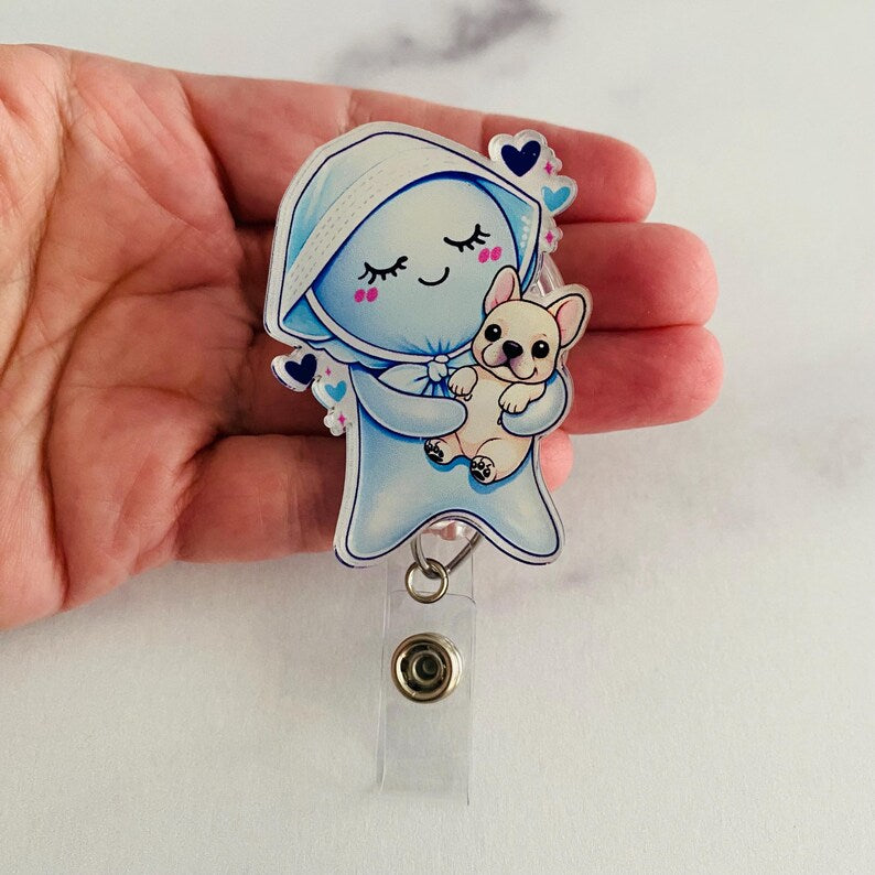 Glove Doll and Frenchie Puppy Badge Reel – Cute Healthcare Animal Lover ID Holder