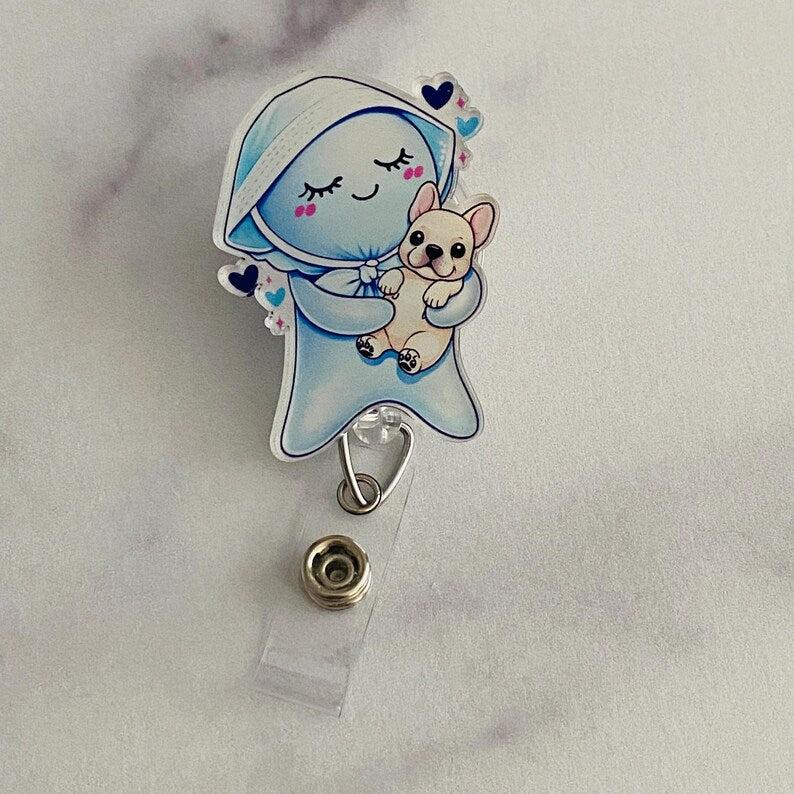Glove Doll and Frenchie Puppy Badge Reel – Cute Healthcare Animal Lover ID Holder