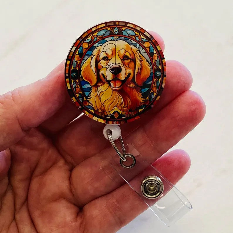 Golden Retriever Badge Reel – Faux Stained Glass Badge Reel - Dog Lover ID Holder