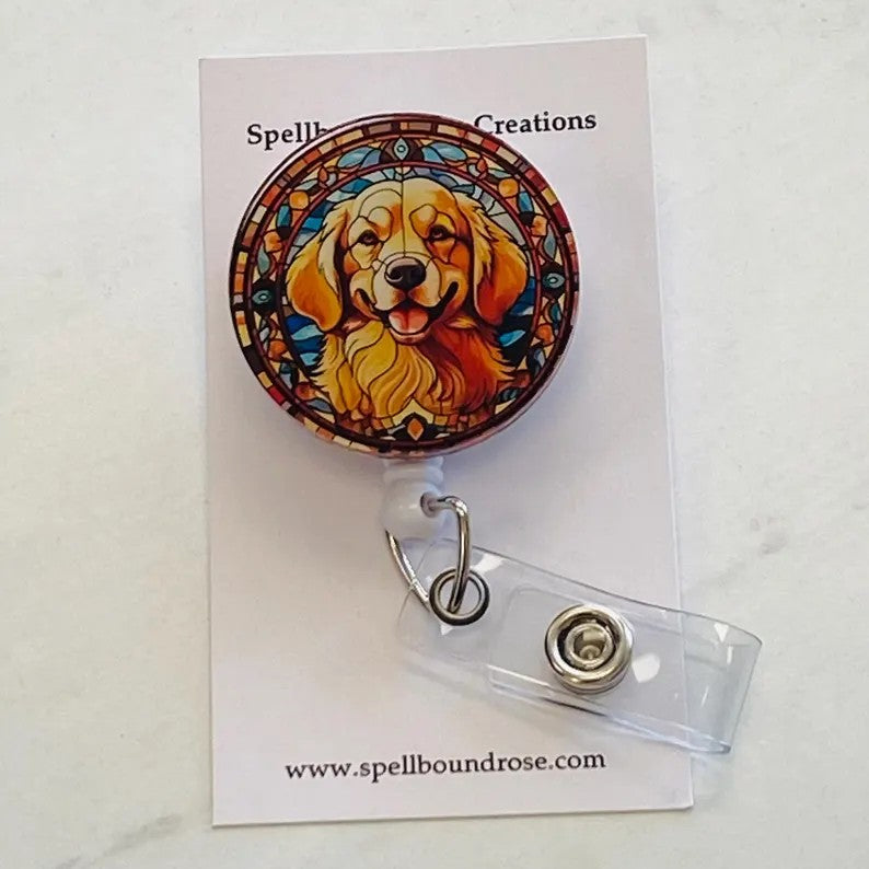 Golden Retriever Badge Reel – Faux Stained Glass Badge Reel - Dog Lover ID Holder