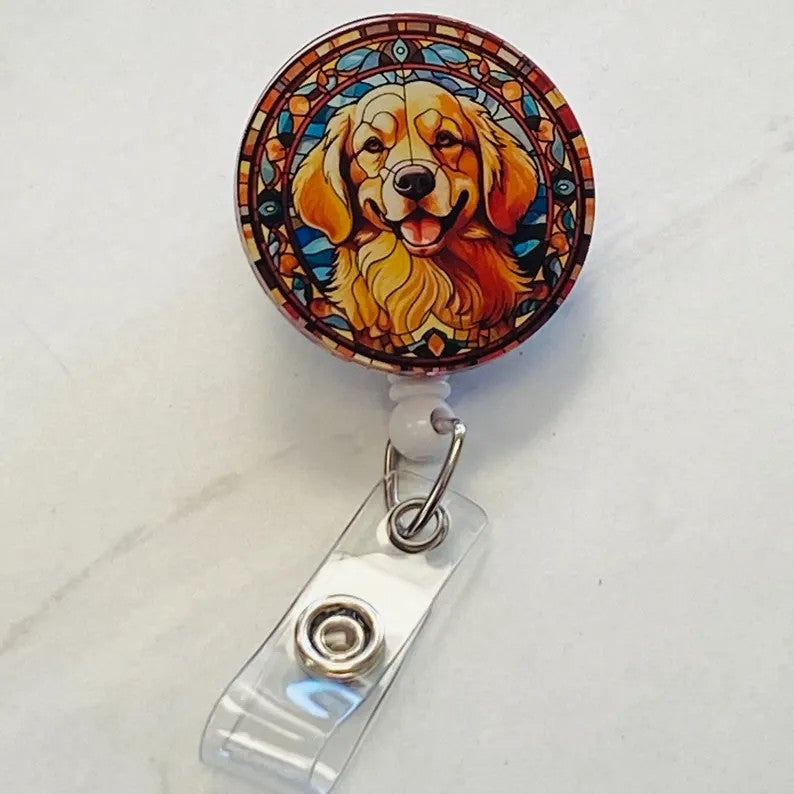 Golden Retriever Badge Reel – Faux Stained Glass Badge Reel - Dog Lover ID Holder
