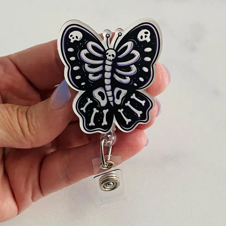 Gothic Skeleton Butterfly Badge Reel – Spooky Retractable ID Holder
