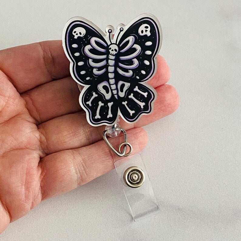 Gothic Skeleton Butterfly Badge Reel – Spooky Retractable ID Holder