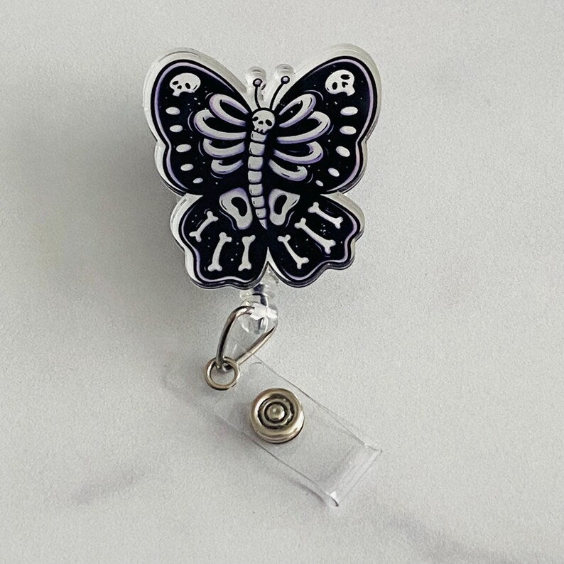 Gothic Skeleton Butterfly Badge Reel – Spooky Retractable ID Holder