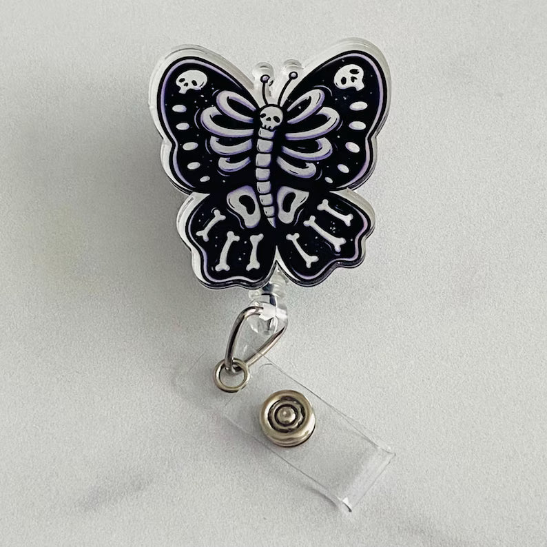 Gothic Skeleton Butterfly Badge Reel – Spooky Retractable ID Holder
