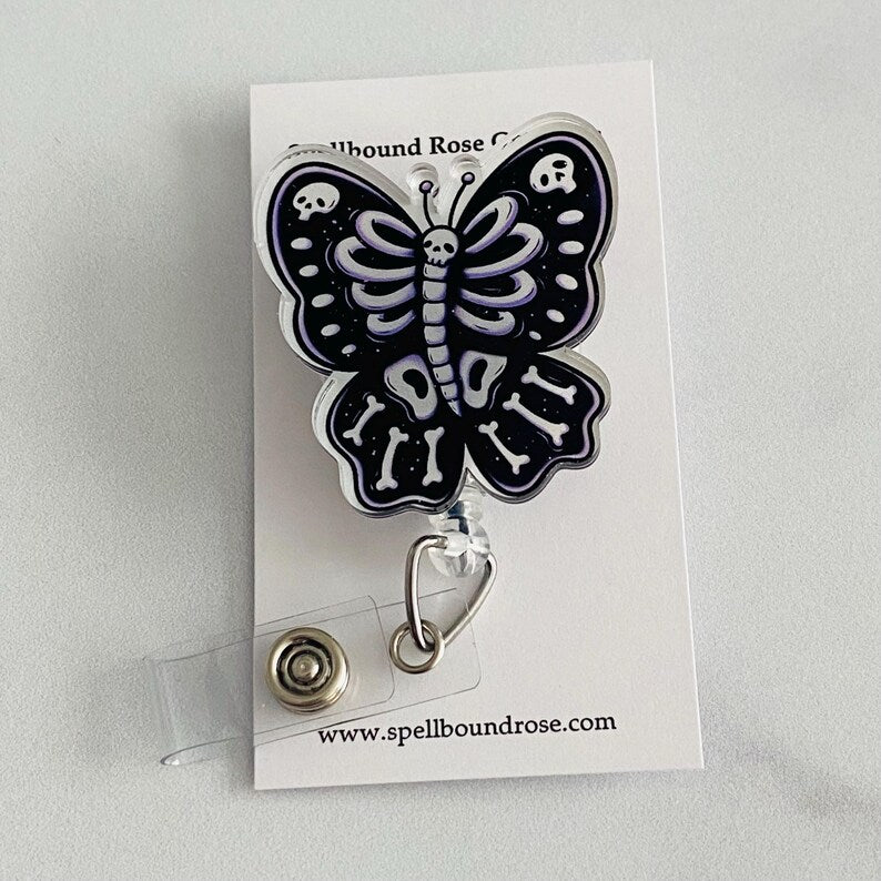 Gothic Skeleton Butterfly Badge Reel – Spooky Retractable ID Holder