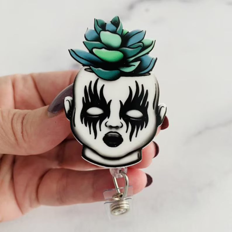 Gothic Succulent Doll Badge Reel – Spooky Cute Retractable ID Holder