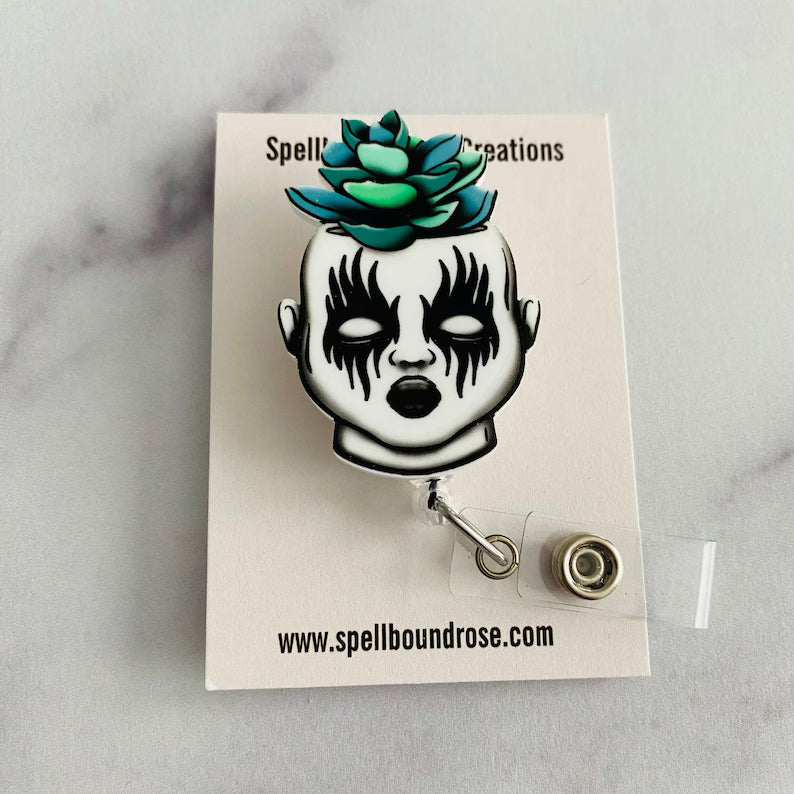 Gothic Succulent Doll Badge Reel – Spooky Cute Retractable ID Holder