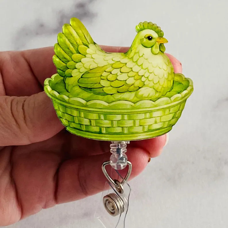 Green Hen on Nest Badge Reel – Fresh Farmhouse Style ID Holder