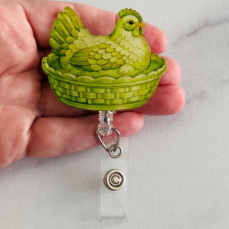 Green Hen on Nest Badge Reel – Fresh Farmhouse Style ID Holder