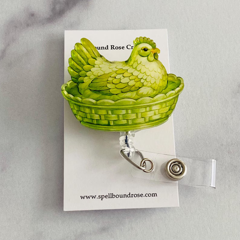 Green Hen on Nest Badge Reel – Fresh Farmhouse Style ID Holder