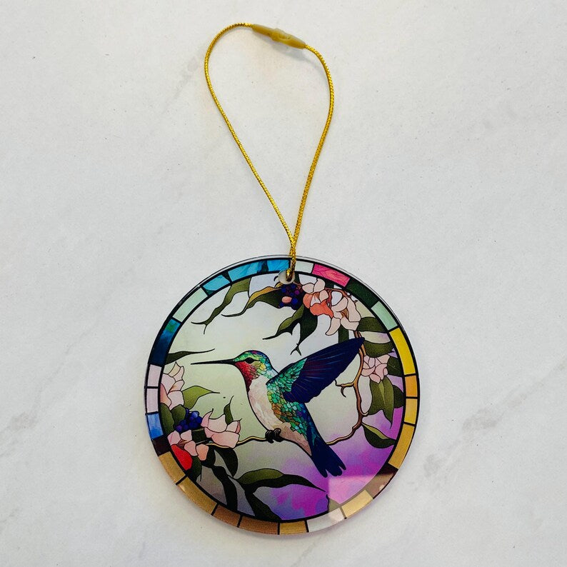 Hummingbird Faux Stained Glass Ornament – Colorful Floral Nature Keepsake
