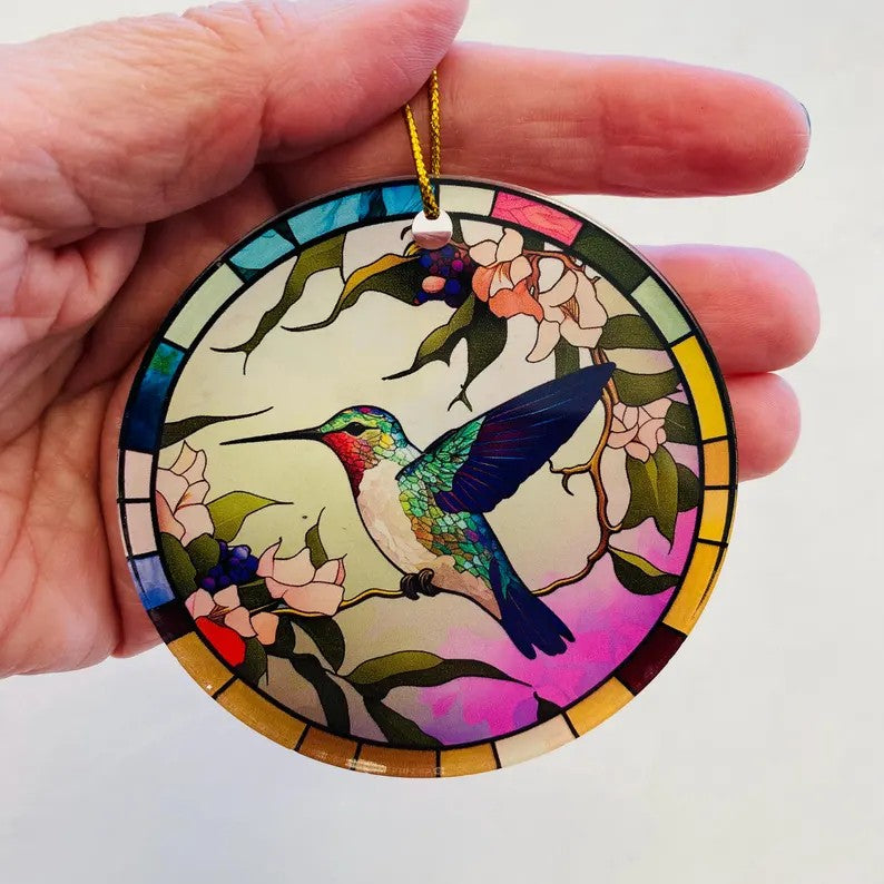 Hummingbird Faux Stained Glass Ornament – Colorful Floral Nature Keepsake