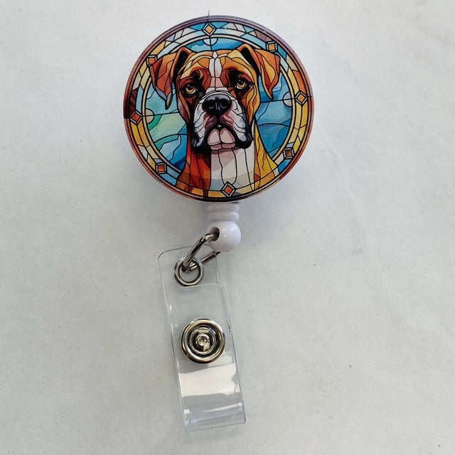 Boxer Badge Reel | Faux Stained Glass Dog Badge Reel 🐶✨