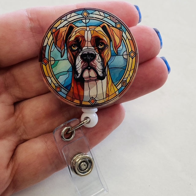 Boxer Badge Reel | Faux Stained Glass Dog Badge Reel 🐶✨