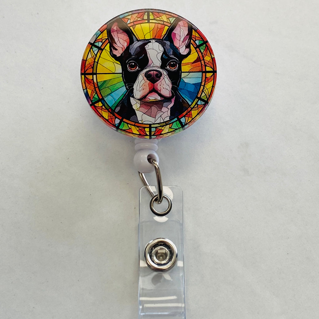 Boston Terrier Badge Reel – Faux Stained Glass ID Holder for Nurses, Teachers & Dog Lovers