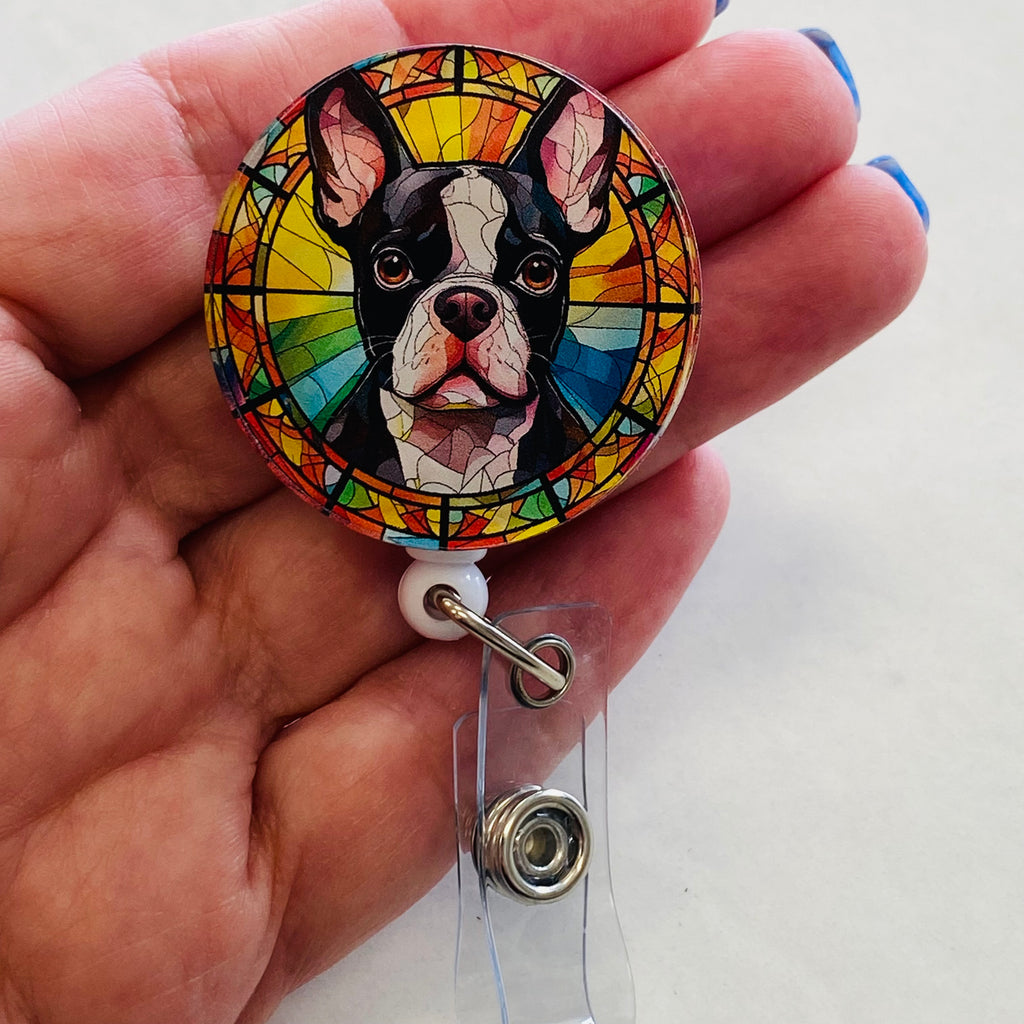 Boston Terrier Badge Reel – Faux Stained Glass ID Holder for Nurses, Teachers & Dog Lovers