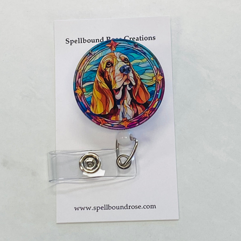 Basset Hound  Badge Reel – Faux Stained Glass - Colorful Dog Lover ID Holder