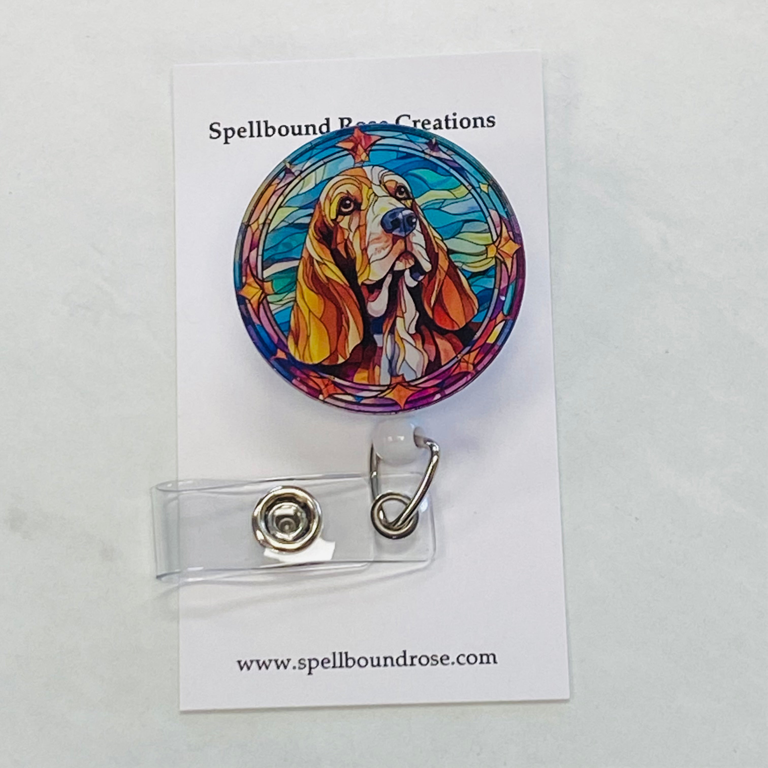 Basset Hound  Badge Reel – Faux Stained Glass - Colorful Dog Lover ID Holder