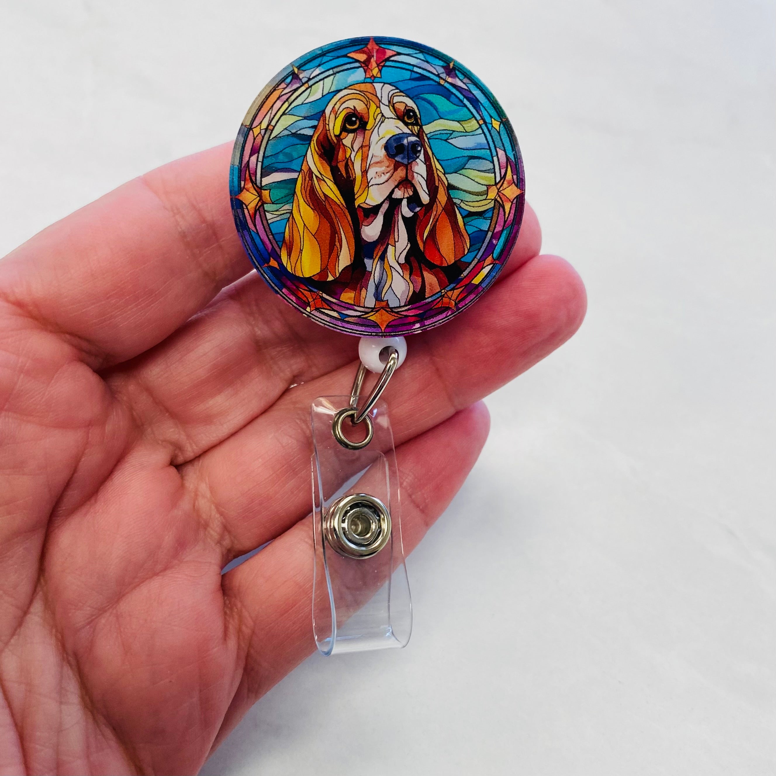 Basset Hound  Badge Reel – Faux Stained Glass - Colorful Dog Lover ID Holder