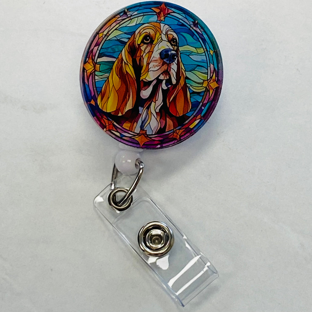 Basset Hound  Badge Reel – Faux Stained Glass - Colorful Dog Lover ID Holder