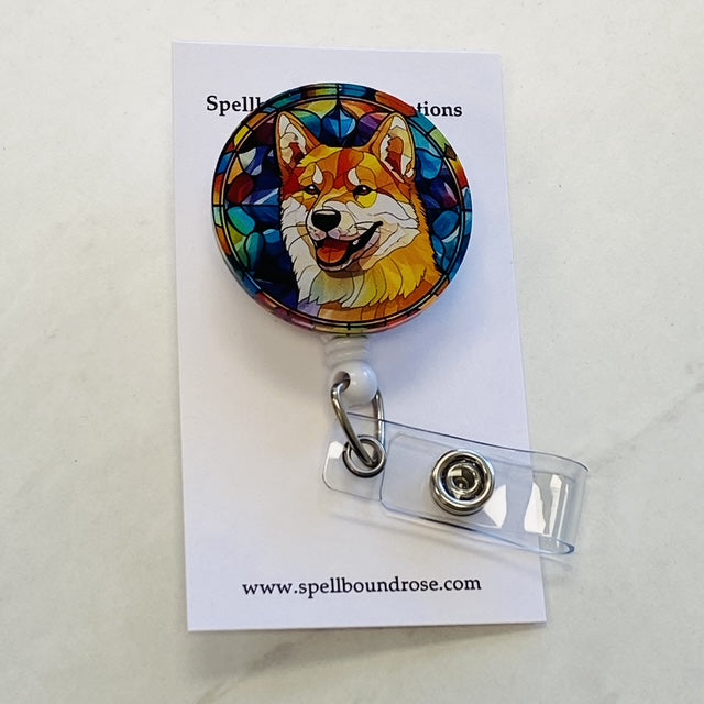 Akita Badge Reel – Faux Stained Glass - Colorful Dog Lover ID Holder