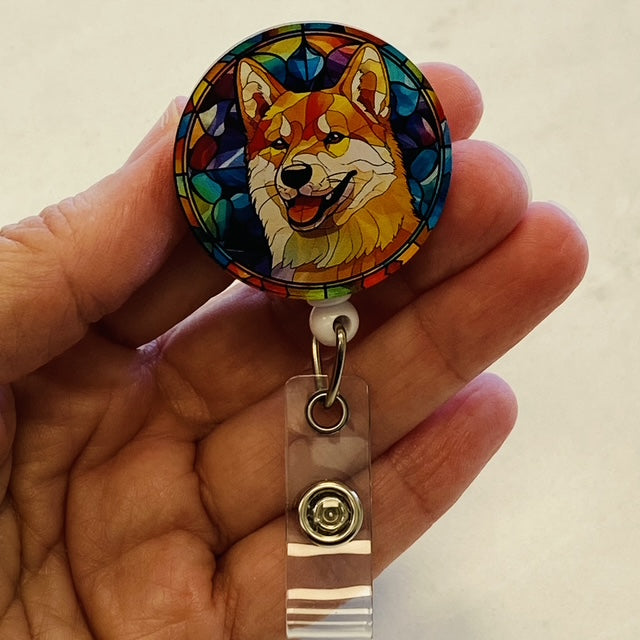 Akita Badge Reel – Faux Stained Glass - Colorful Dog Lover ID Holder