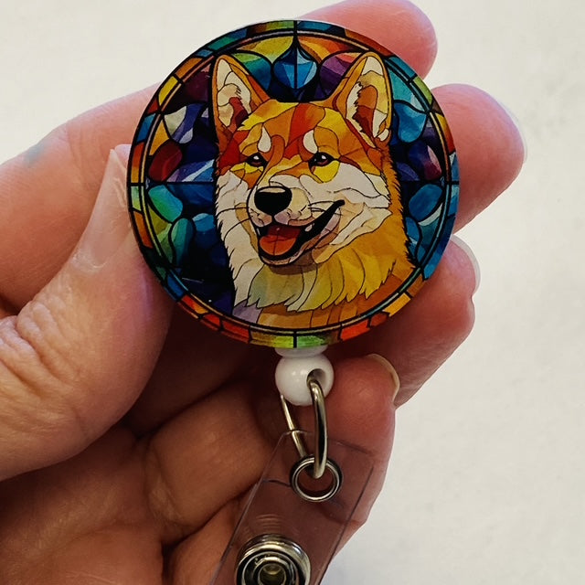 Akita Badge Reel – Faux Stained Glass - Colorful Dog Lover ID Holder