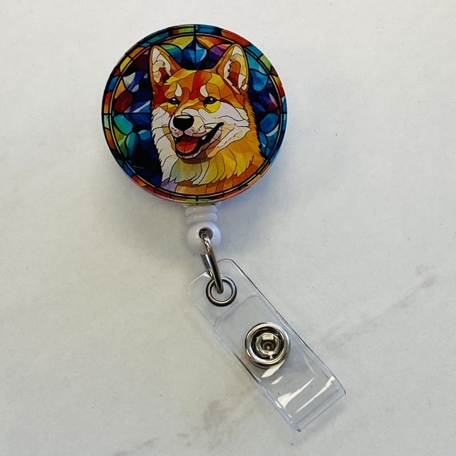 Akita Badge Reel – Faux Stained Glass - Colorful Dog Lover ID Holder