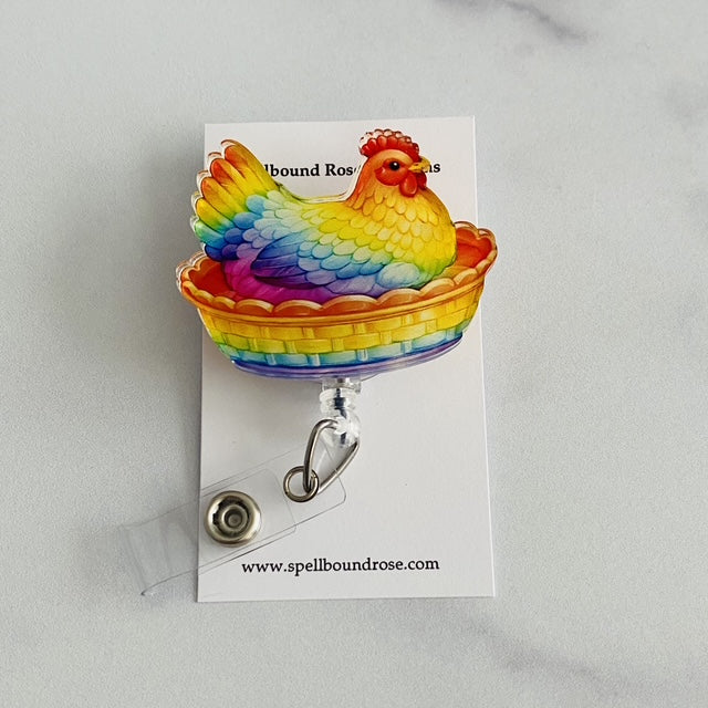 Rainbow Hen on Nest Badge Reel | Chicken Badge Reel