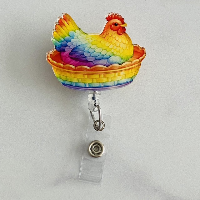 Rainbow Hen on Nest Badge Reel | Chicken Badge Reel