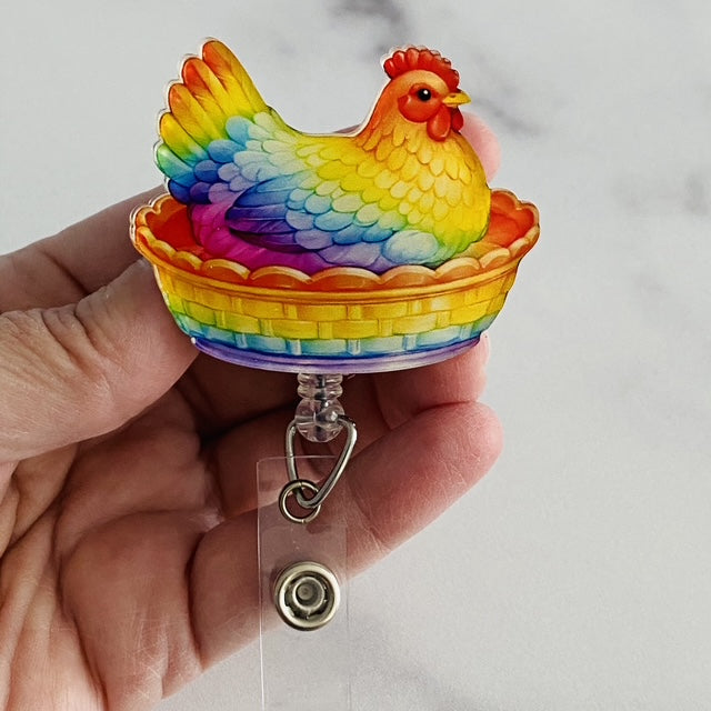 Rainbow Hen on Nest Badge Reel | Chicken Badge Reel