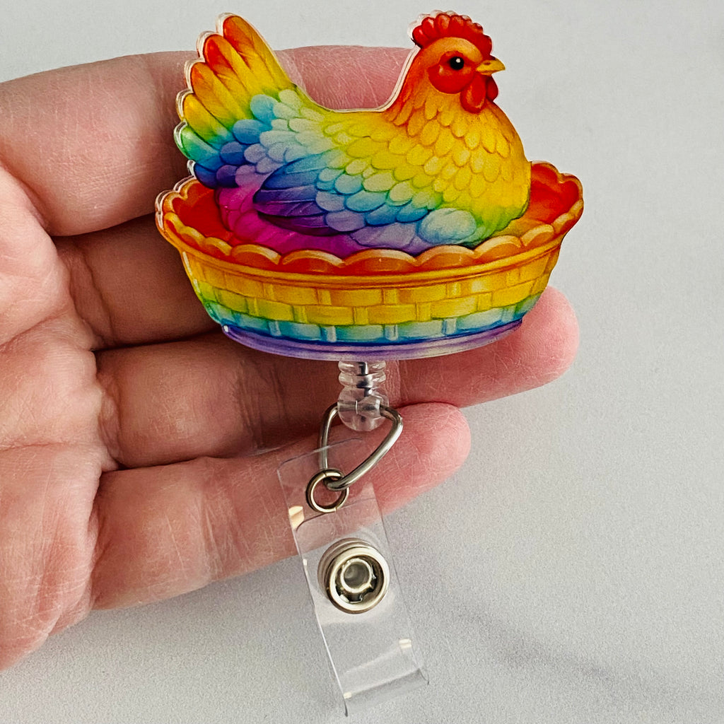 Rainbow Hen on Nest Badge Reel | Chicken Badge Reel