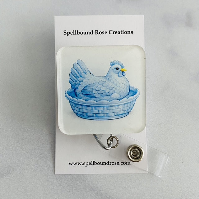 Blue Hen in a Dish Badge Reel | Rounded Square Chicken ID Holder 💜🐔