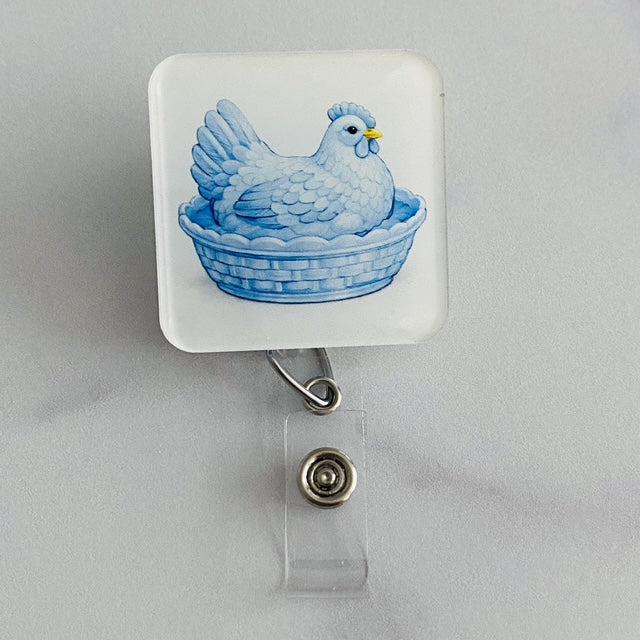 Blue Hen in a Dish Badge Reel | Rounded Square Chicken ID Holder 💜🐔