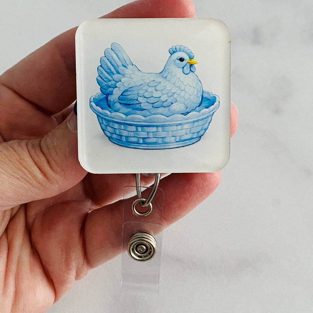 Blue Hen in a Dish Badge Reel | Rounded Square Chicken ID Holder 💜🐔