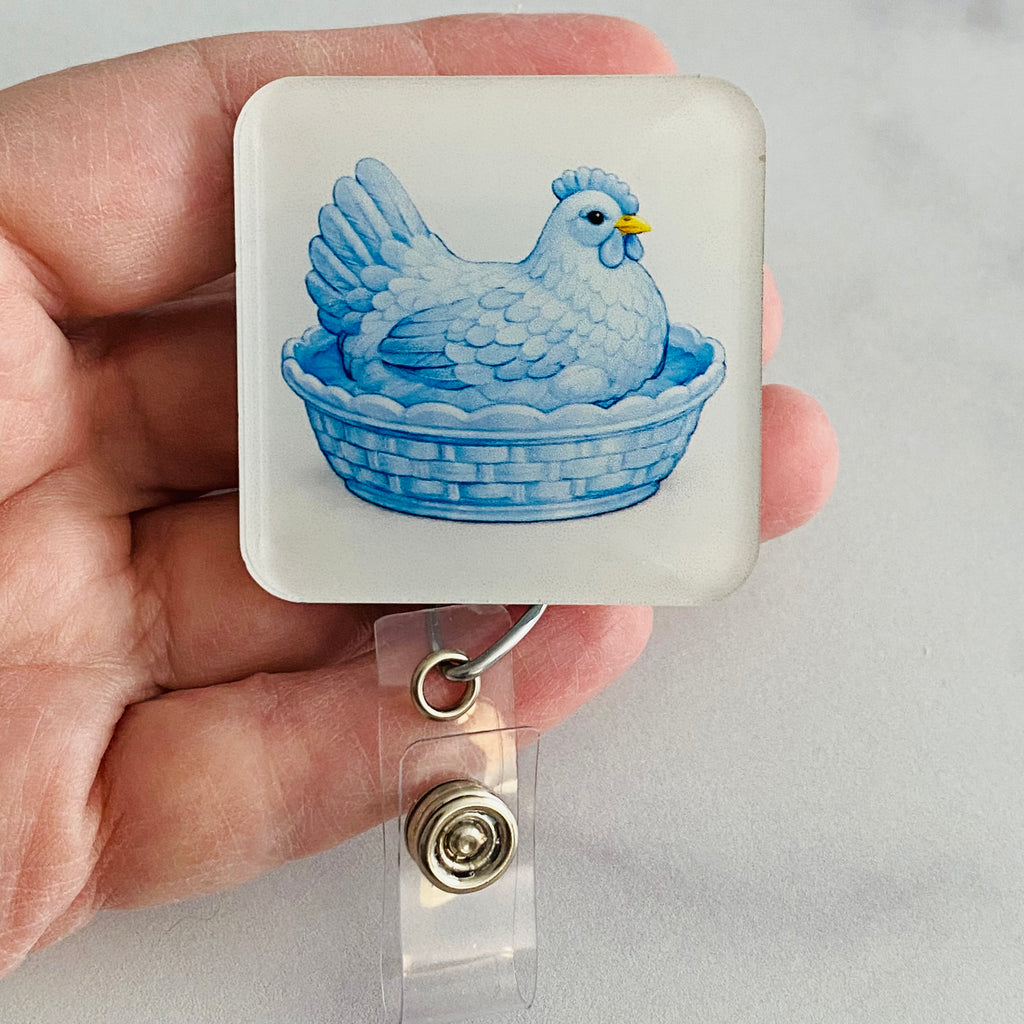 Blue Hen in a Dish Badge Reel | Rounded Square Chicken ID Holder 💜🐔