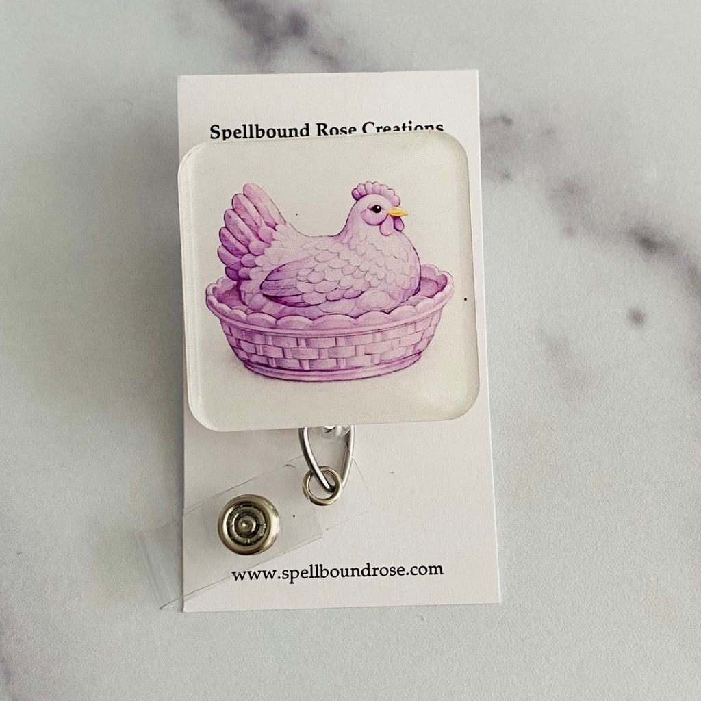 Purple Hen in a Dish Badge Reel | Rounded Square Chicken ID Holder 💜🐔