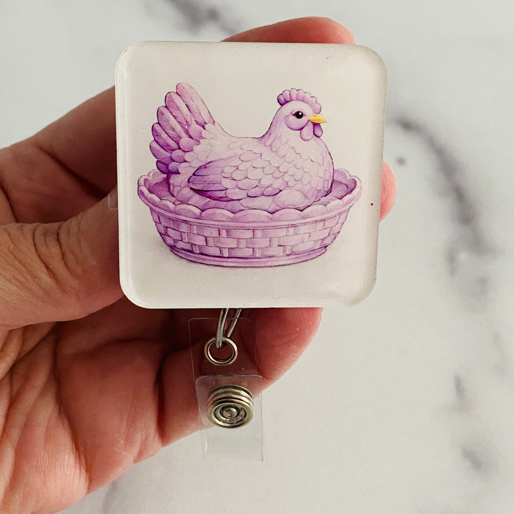 Purple Hen in a Dish Badge Reel | Rounded Square Chicken ID Holder 💜🐔
