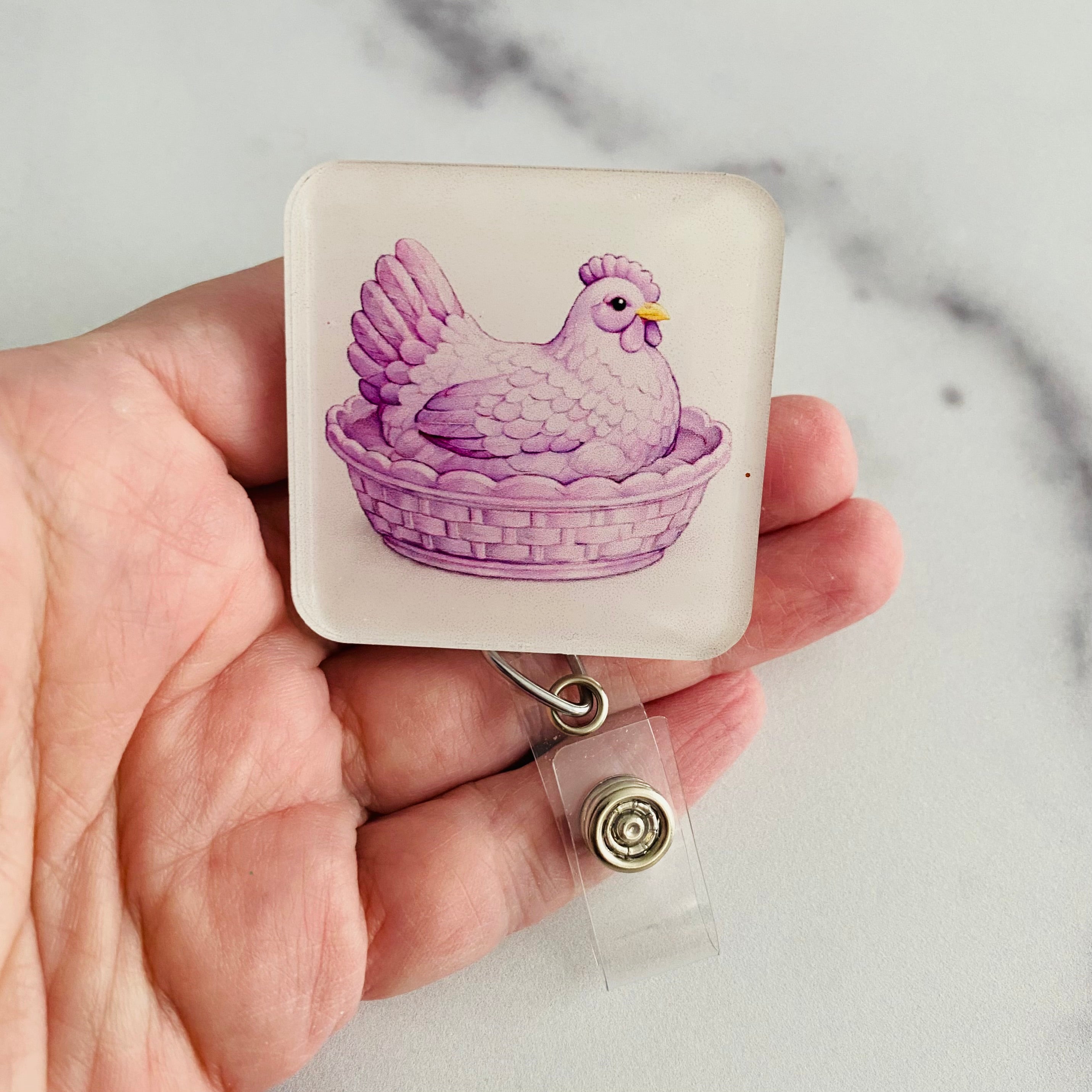 Purple Hen in a Dish Badge Reel | Rounded Square Chicken ID Holder 💜🐔