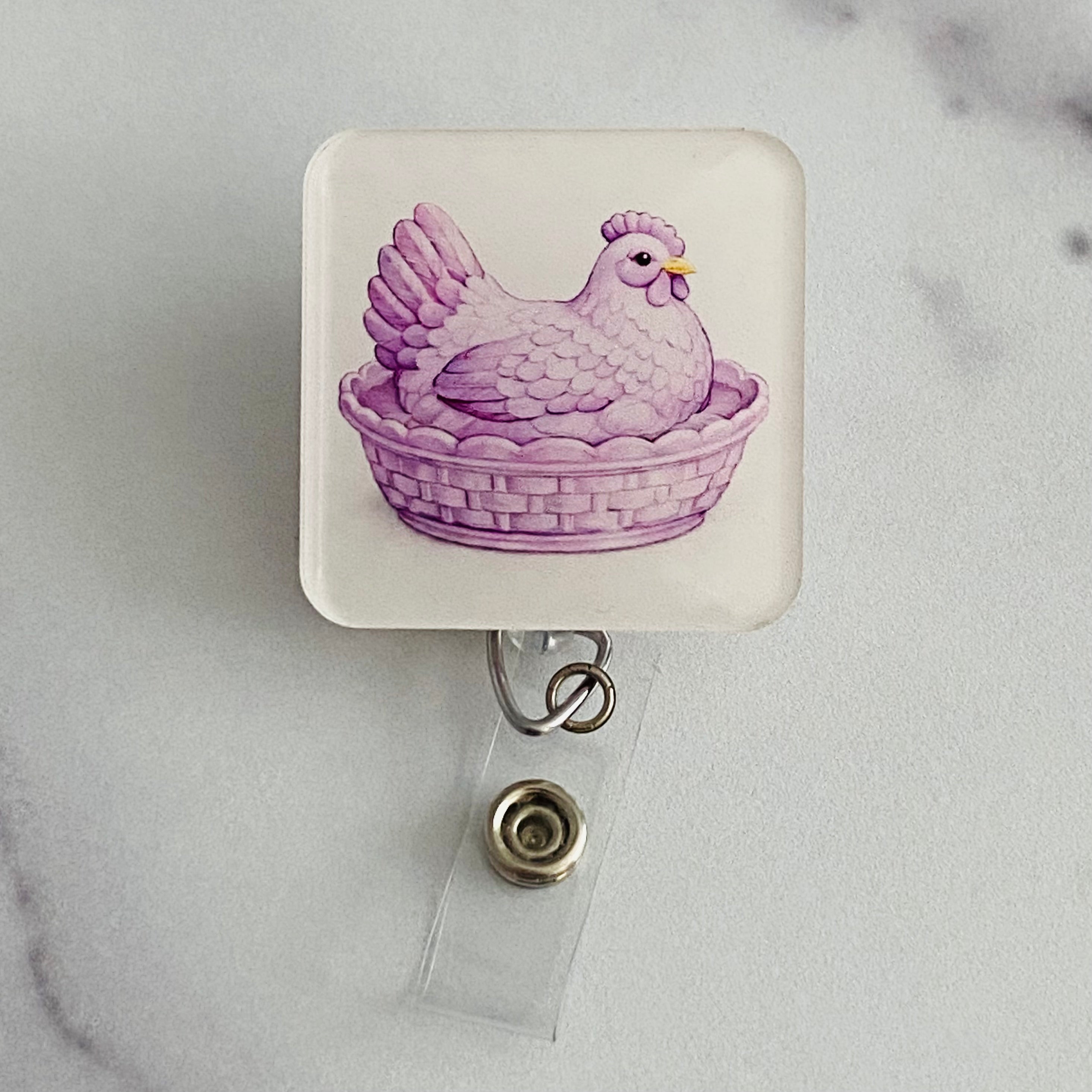 Purple Hen in a Dish Badge Reel | Rounded Square Chicken ID Holder 💜🐔