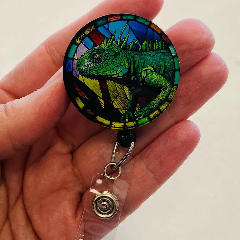 Iguana Faux Stained Glass Badge Reel – Reptile Lover ID Holder