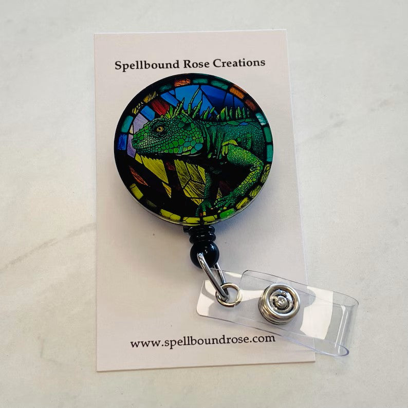 Iguana Faux Stained Glass Badge Reel – Reptile Lover ID Holder