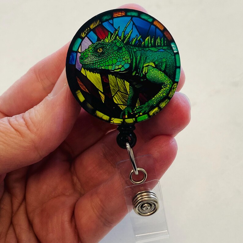 Iguana Faux Stained Glass Badge Reel – Reptile Lover ID Holder