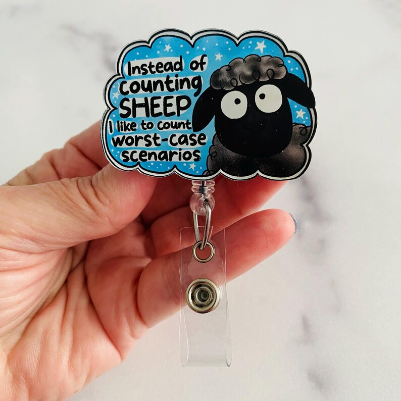 “Instead of Counting Sheep, I Like to Count Worst-Case Scenarios” Nurse Badge Reel – Funny Anxiety Sheep Retractable ID Holder