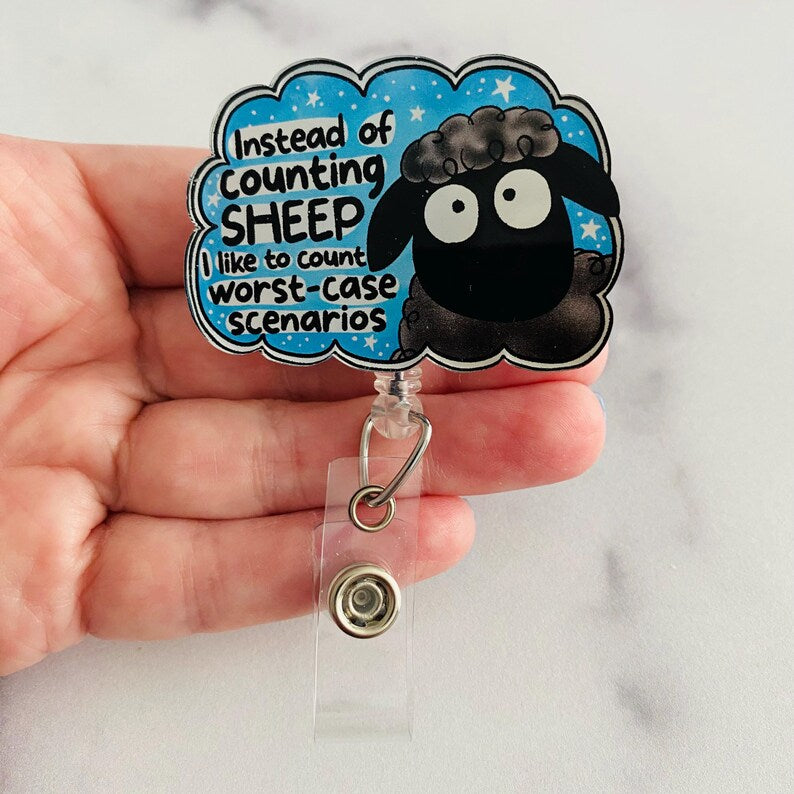“Instead of Counting Sheep, I Like to Count Worst-Case Scenarios” Nurse Badge Reel – Funny Anxiety Sheep Retractable ID Holder