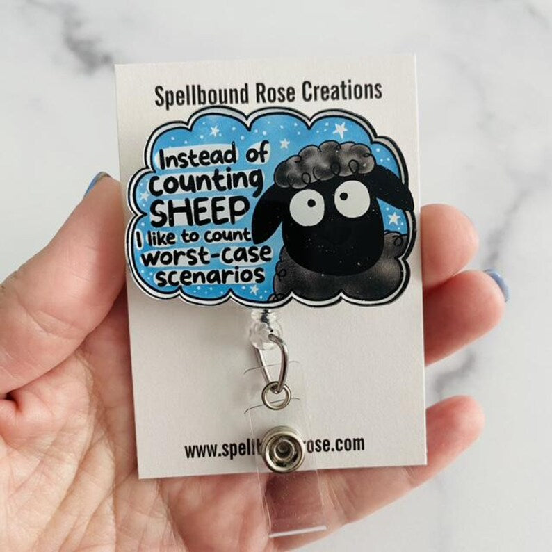 “Instead of Counting Sheep, I Like to Count Worst-Case Scenarios” Nurse Badge Reel – Funny Anxiety Sheep Retractable ID Holder