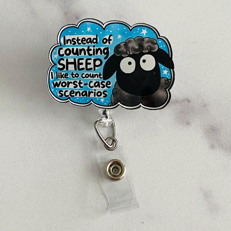 “Instead of Counting Sheep, I Like to Count Worst-Case Scenarios” Nurse Badge Reel – Funny Anxiety Sheep Retractable ID Holder